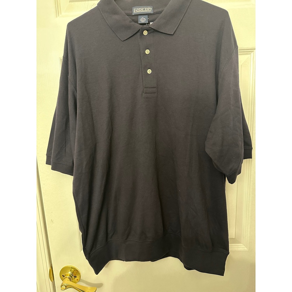 Lands End Mens XL Navy Blue Banded Bottom Short Sleeve Pique Polo Shirt